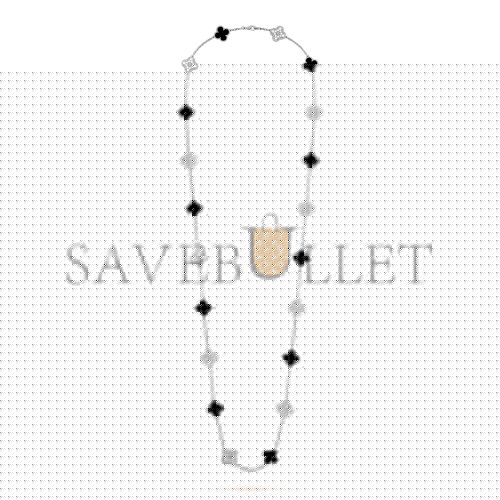 VAN CLEEF ARPELS VINTAGE ALHAMBRA LONG NECKLACE, 20 MOTIFS - WHITE GOLD, DIAMOND, ONYX VCARP2R800