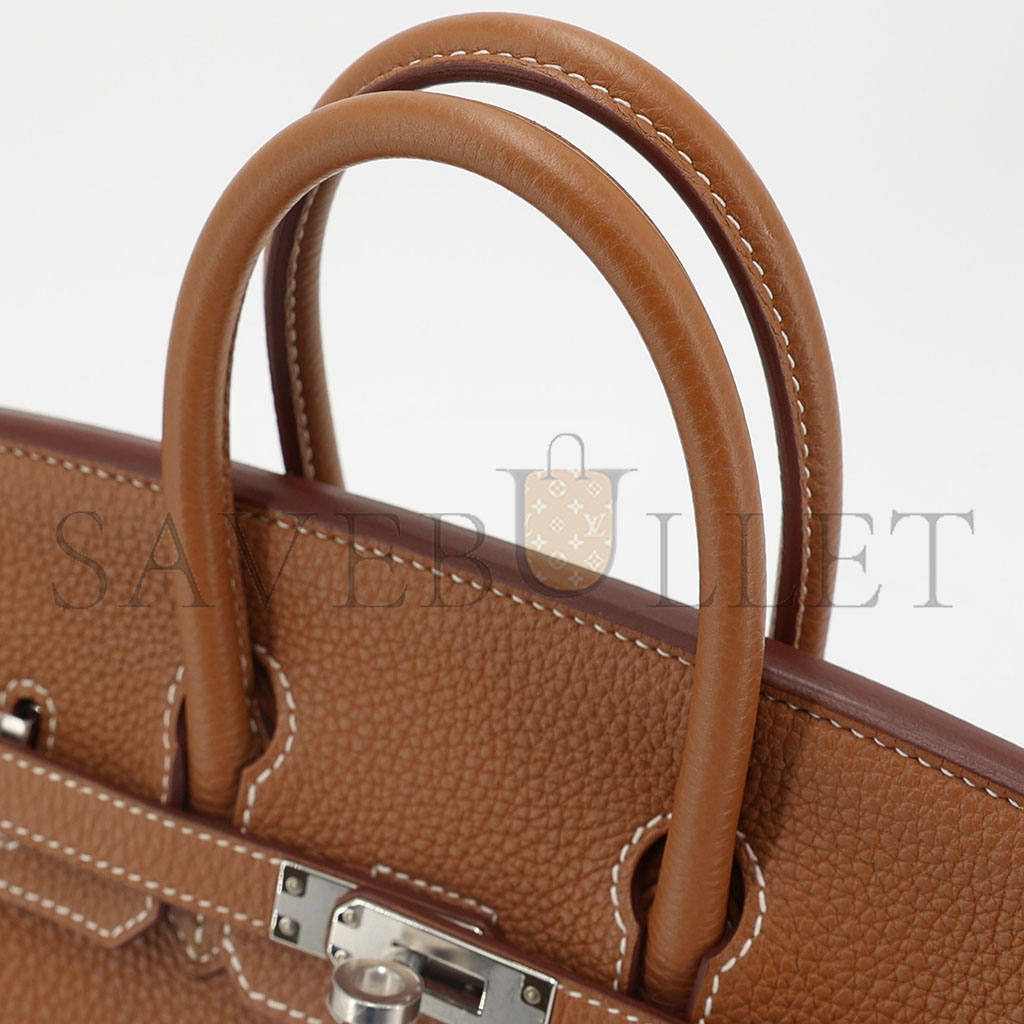 HERMÈS BIRKIN 25 TOGO LEATHER GOLD BROWN SILVER BUCKLE BAG H028369CK37 (25*20*13cm)