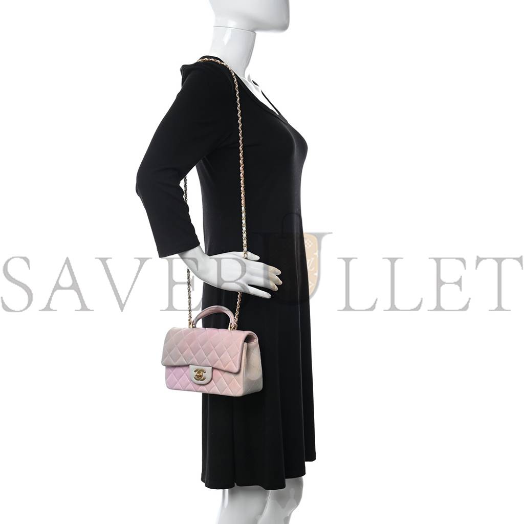 Ch*el lambskin quilted ombre mini top handle rectangular flap pink multicolor gold hardware (20*13*6cm)