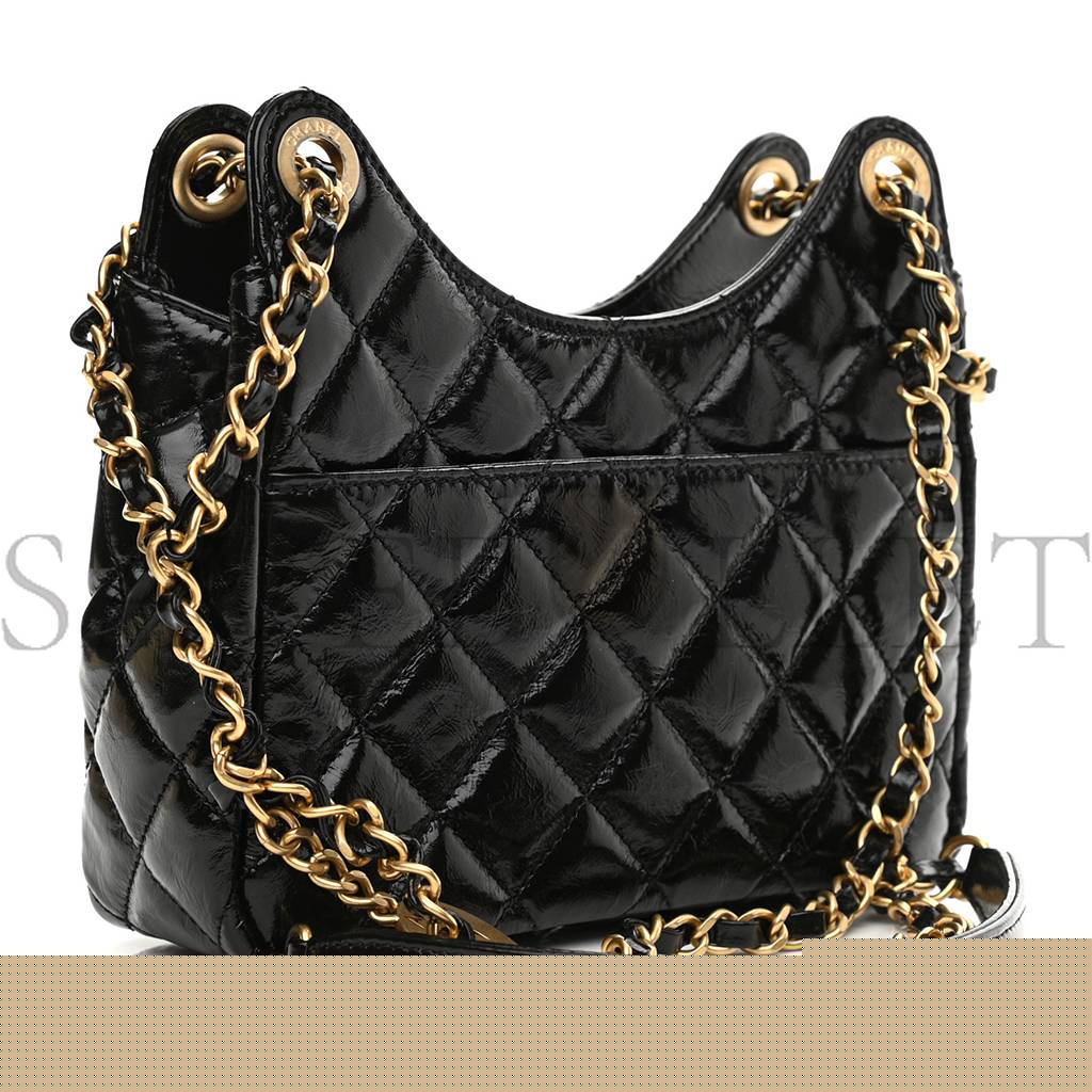 Ch*el shiny crumpled calfskin quilted small hobo black (18*15*6cm)