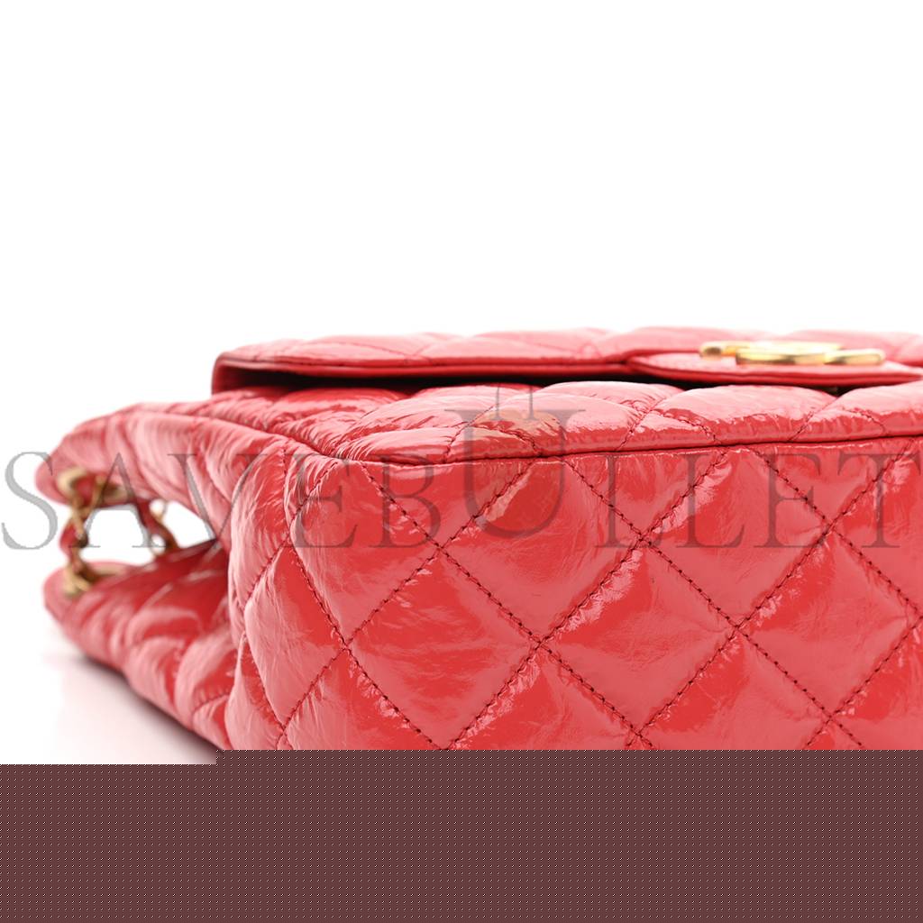Ch*el shiny crumpled calfskin quilted small hobo red gold hardware (22*17*7cm)