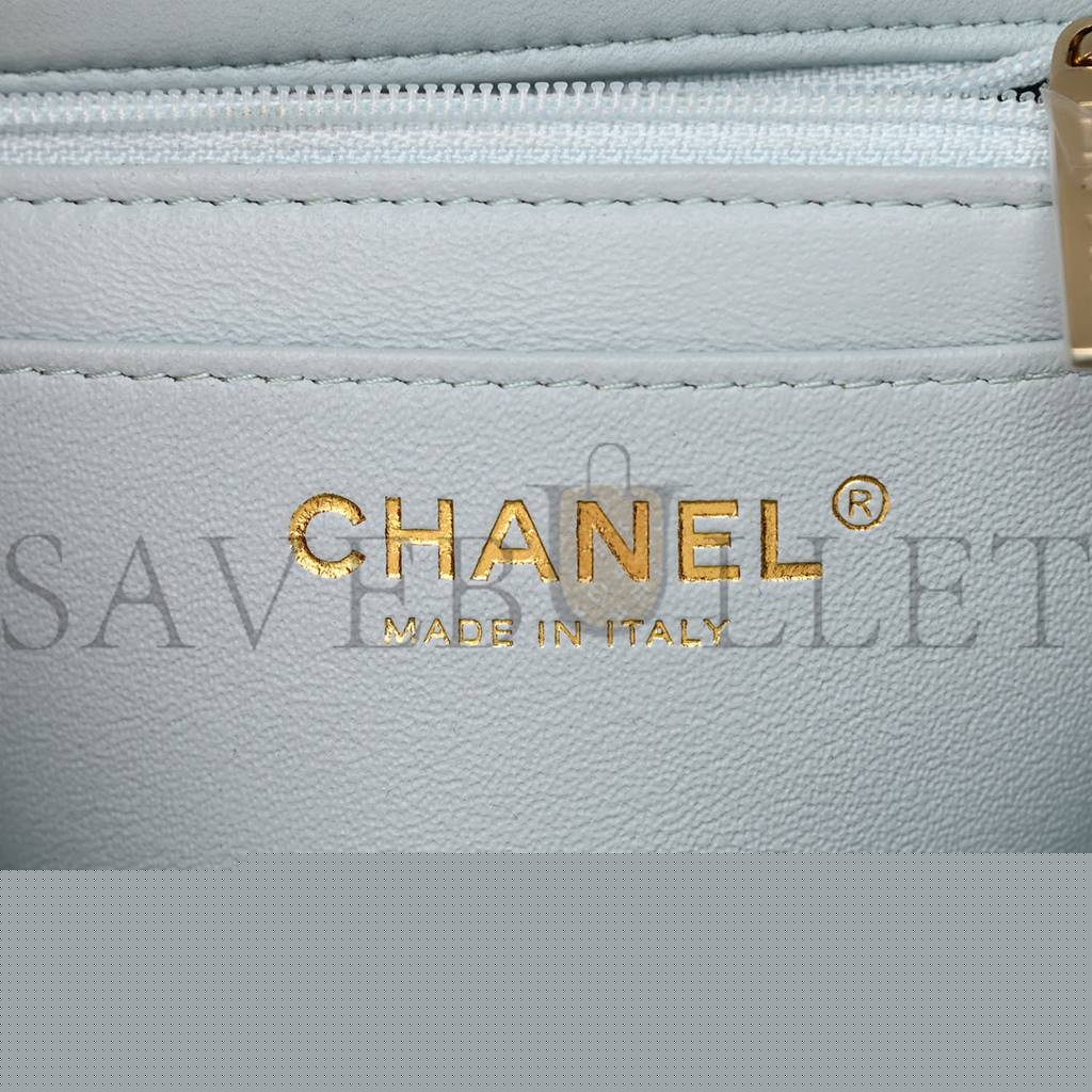 Ch*el lambskin quilted mini top handle rectangular flap light blue rose gold hardware (19*12*6cm)