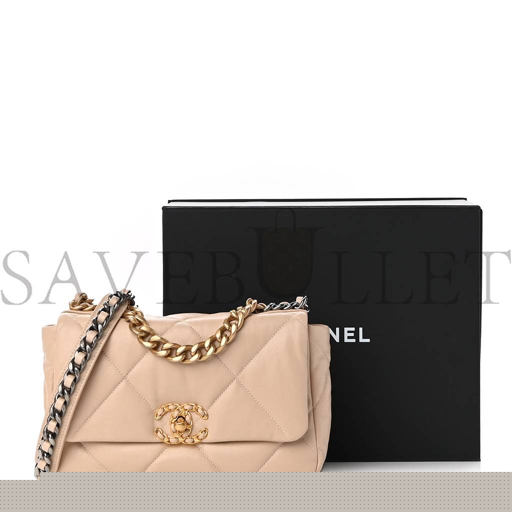 Ch*el goatskin quilted medium Ch*el 19 flap light beige gold hardware (25*15*8cm)