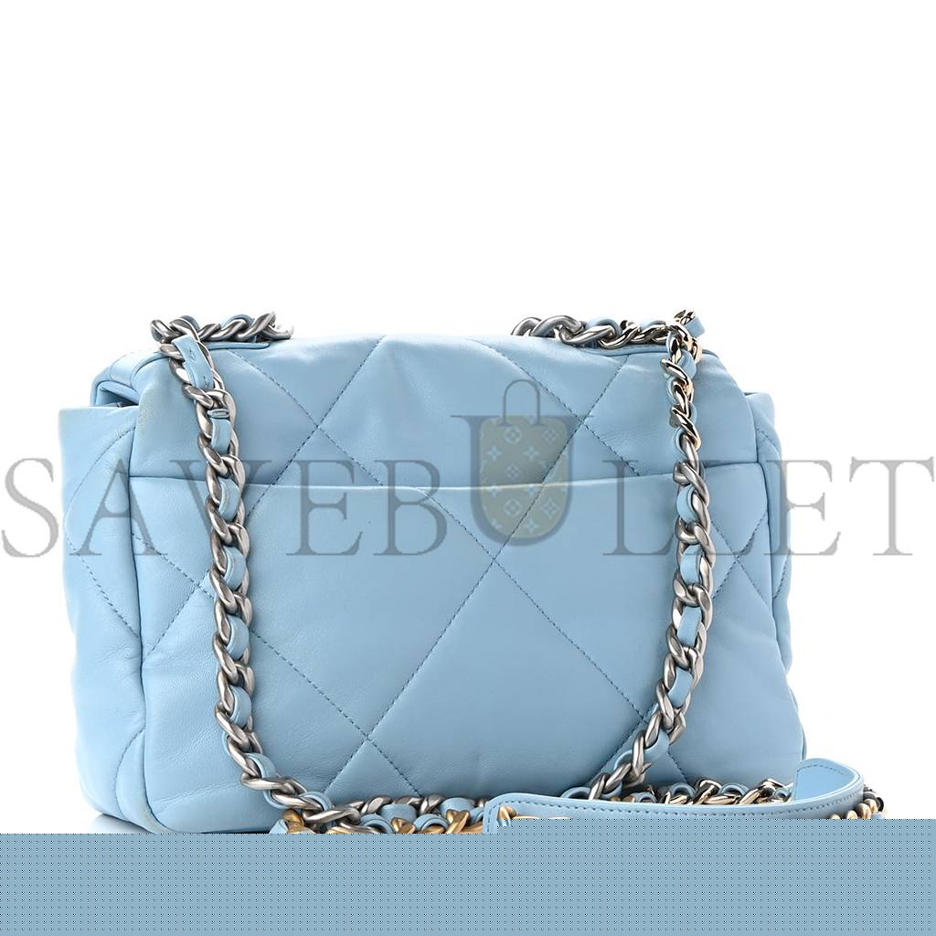 Ch*el lambskin quilted medium Ch*el 19 flap light blue silver hardware (25*17*8cm)