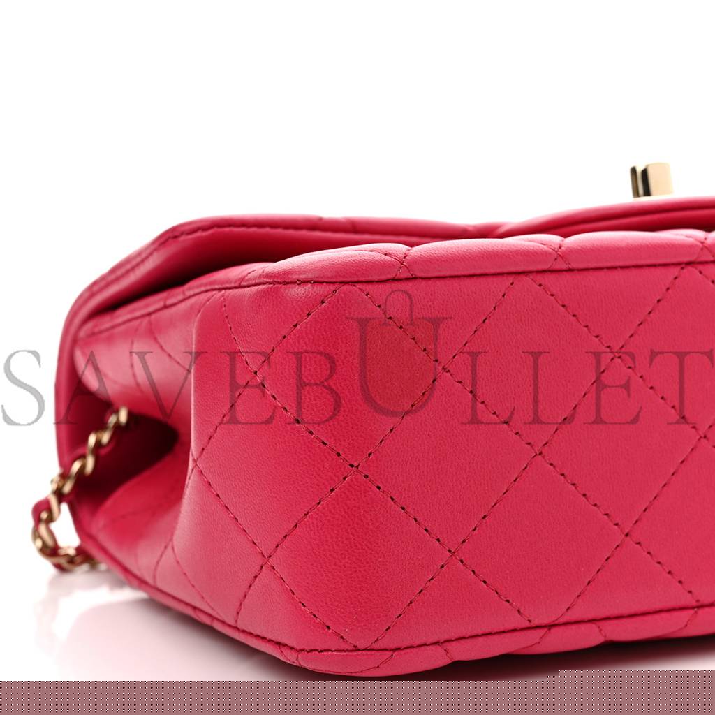 Ch*el lambskin quilted mini top handle rectangular flap dark pink rose gold hardware (19*13*7cm)