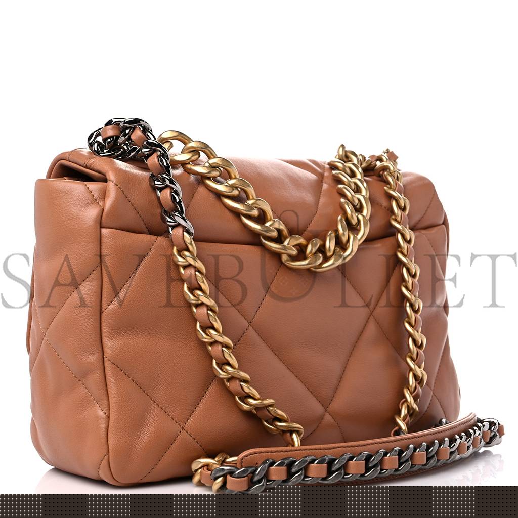 Ch*el lambskin quilted large Ch*el 19 flap brown gold hardware (30*20*9cm)