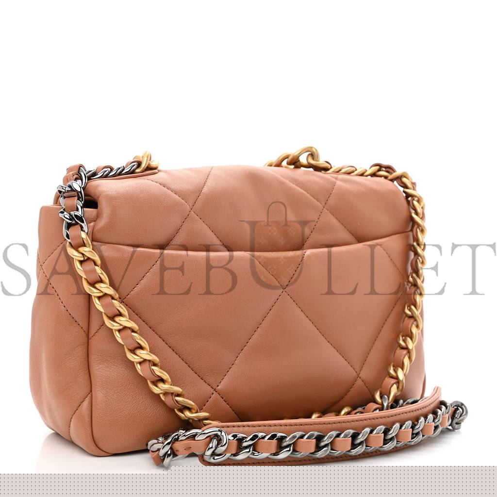 Ch*el lambskin quilted medium Ch*el 19 flap brown gold hardware (25*16*8cm)