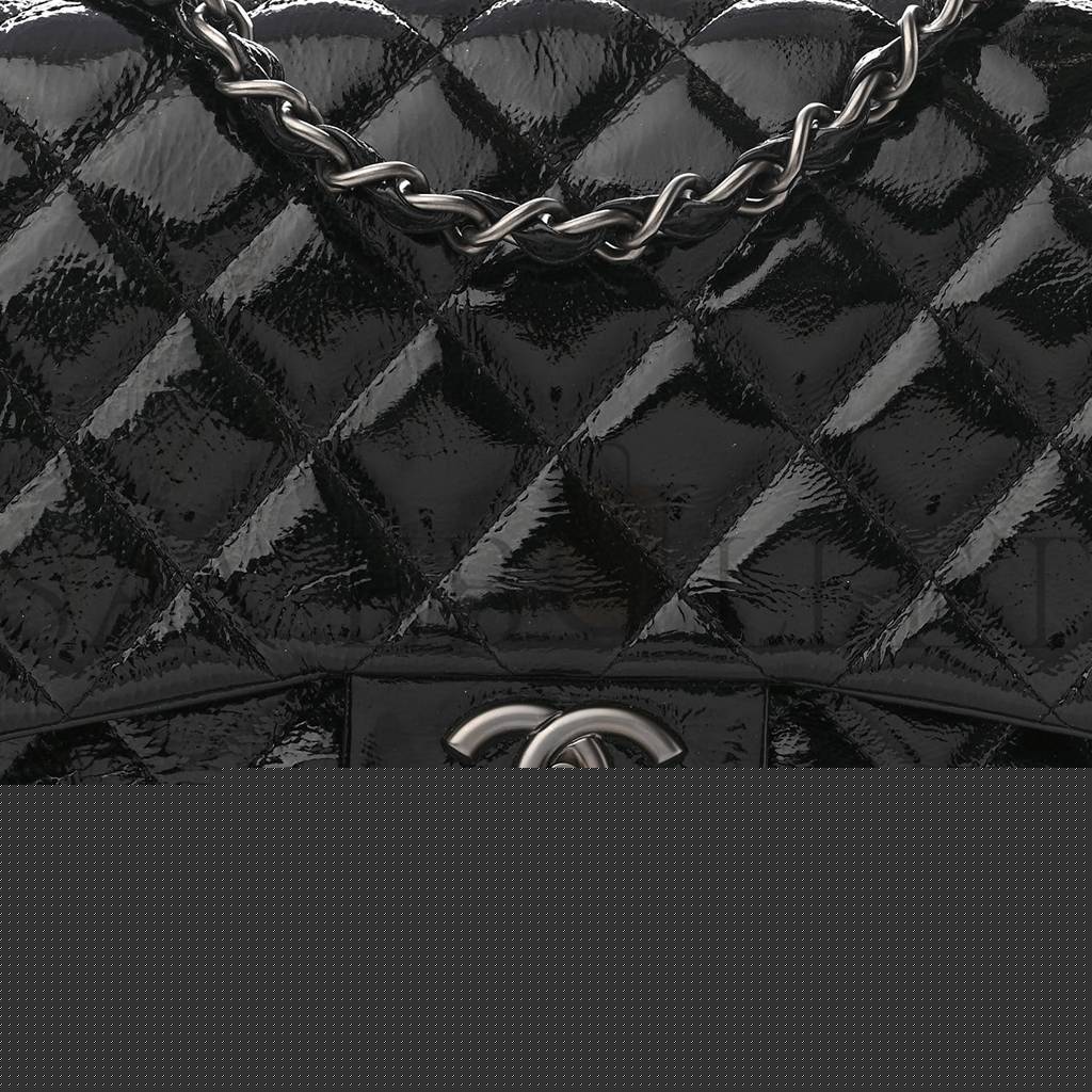 Ch*el crinkled patent quilted jumbo single flap black silver hardware (30*18*8cm)