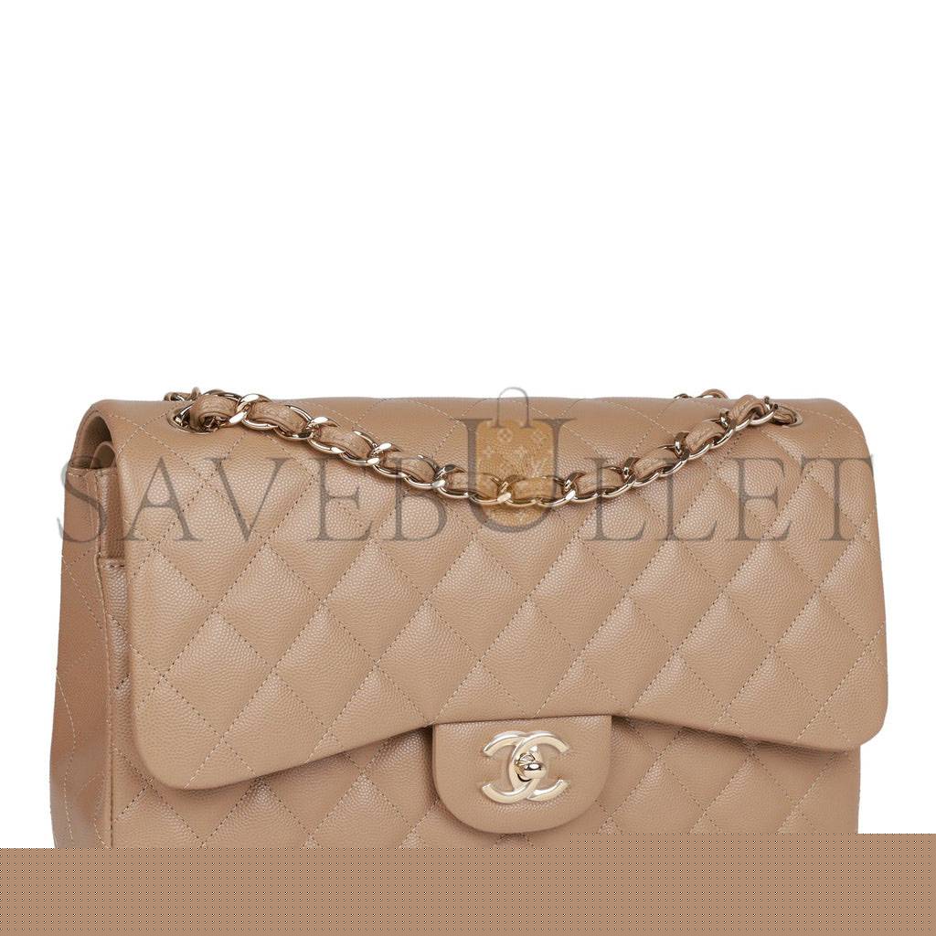 Ch*el jumbo classic double flap bag dark beige caviar gold hardware (30*20*9cm)