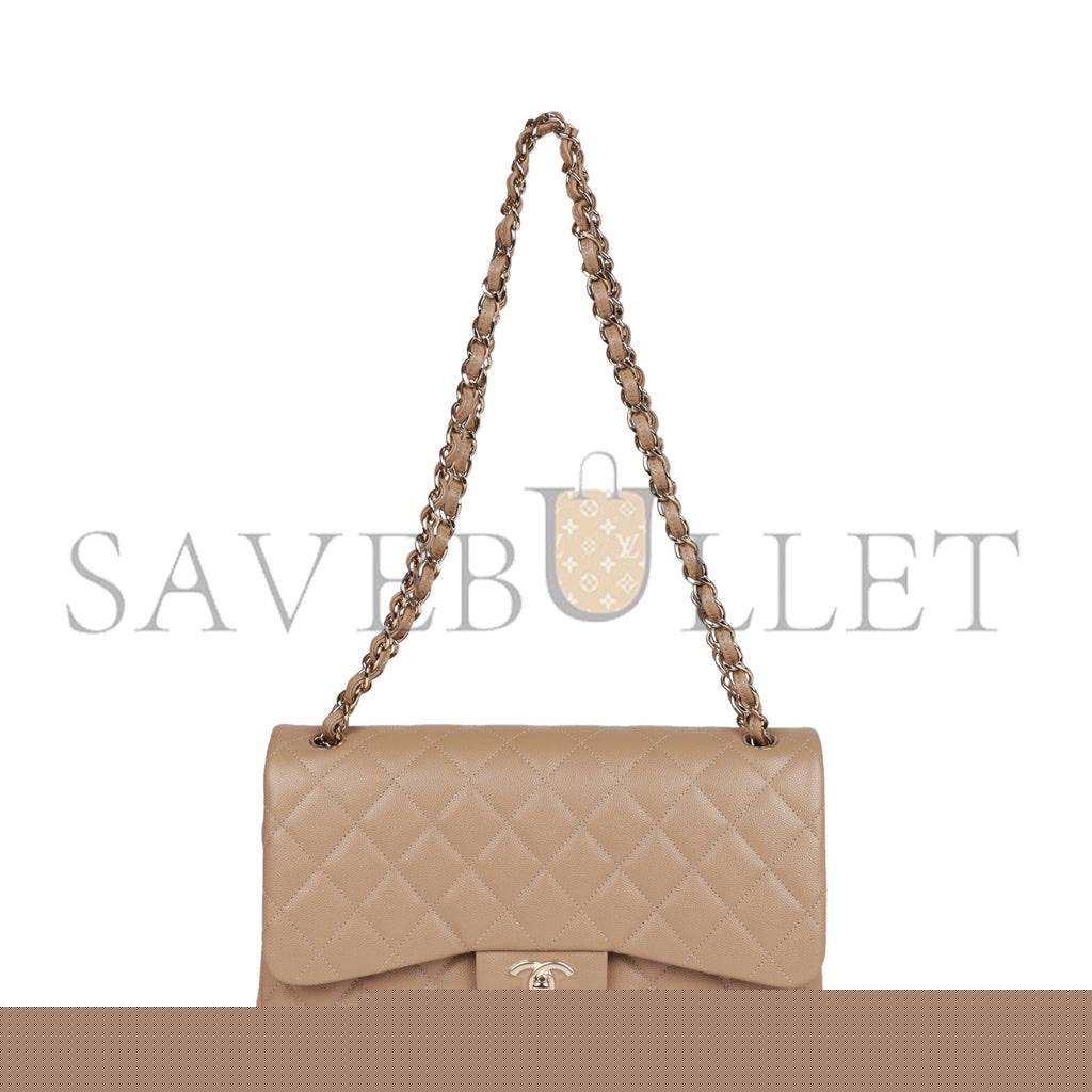 Ch*el jumbo classic double flap bag dark beige caviar gold hardware (30*20*9cm)