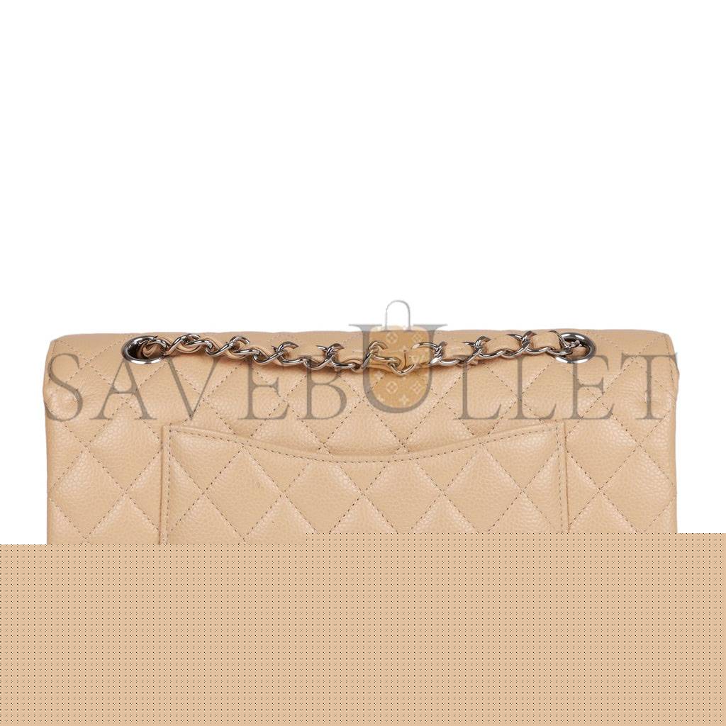 Ch*el medium classic double flap bag beige caviar silver hardware (25*15*7cm)