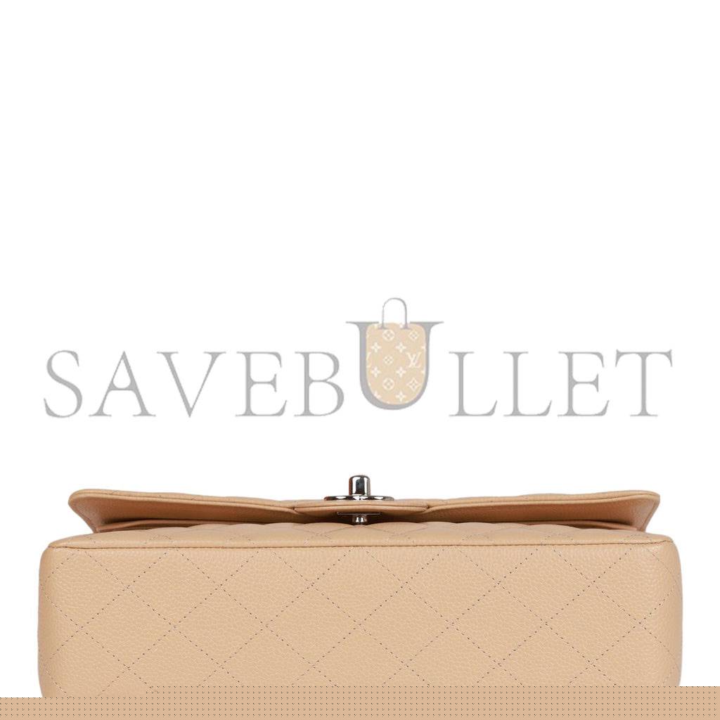 Ch*el medium classic double flap bag beige caviar silver hardware (25*15*7cm)