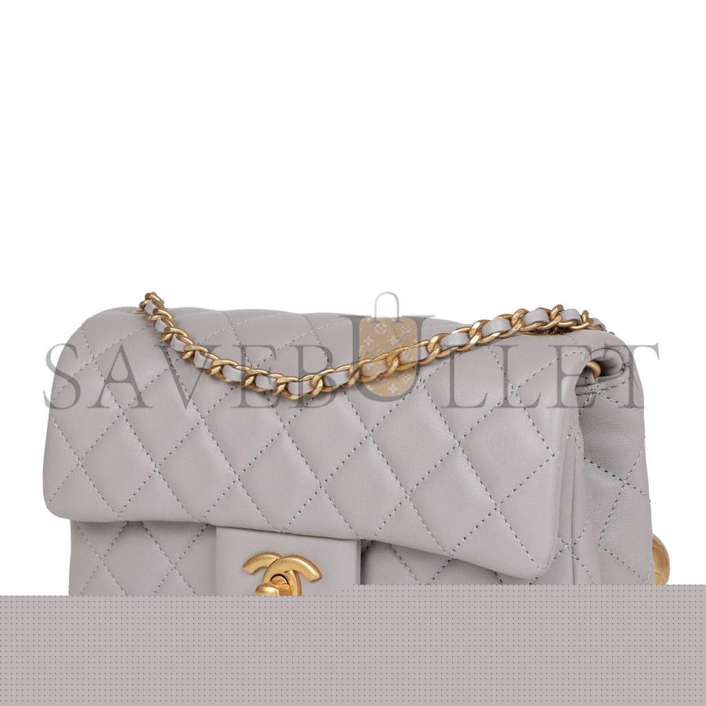 Ch*el pearl crush mini rectangular flap bag light grey lambskin antique gold hardware (20*13*6cm)