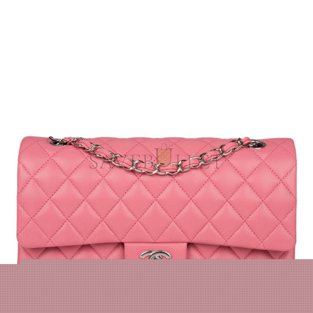 Ch*el medium classic double flap bag rose quilted lambskin silver hardware (25*15*7cm)