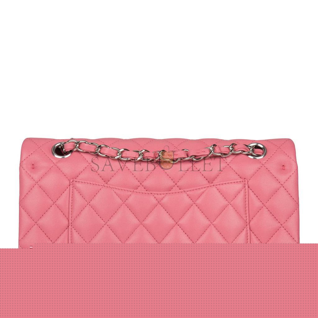 Ch*el medium classic double flap bag rose quilted lambskin silver hardware (25*15*7cm)