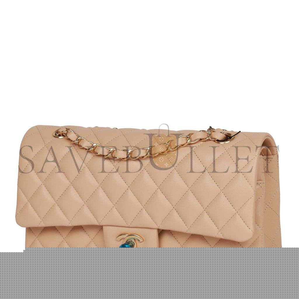 Ch*el medium classic double flap bag beige lambskin light gold hardware (25*15*7cm)