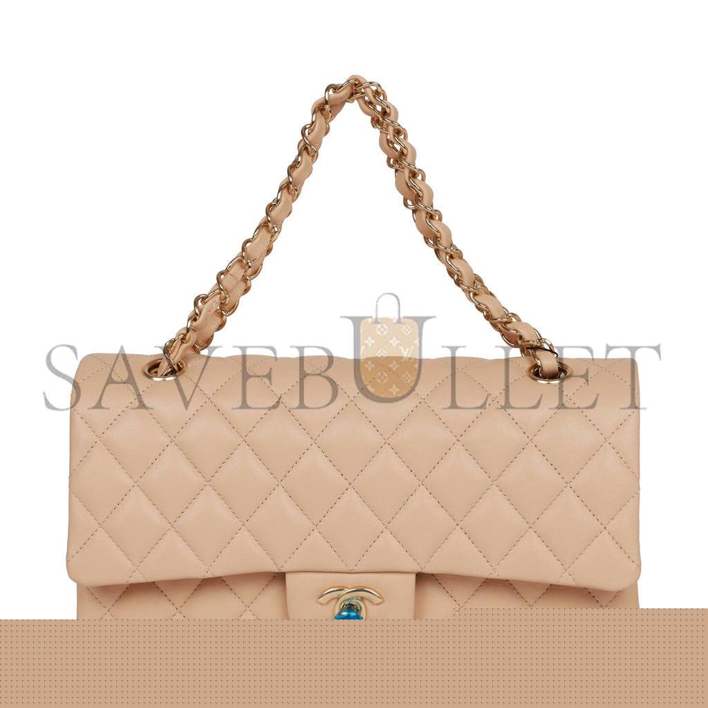 Ch*el medium classic double flap bag beige lambskin light gold hardware (25*15*7cm)