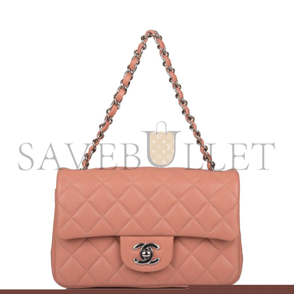 Ch*el mini rectangular flap bag rose lambskin silver hardware (20*13*6cm)