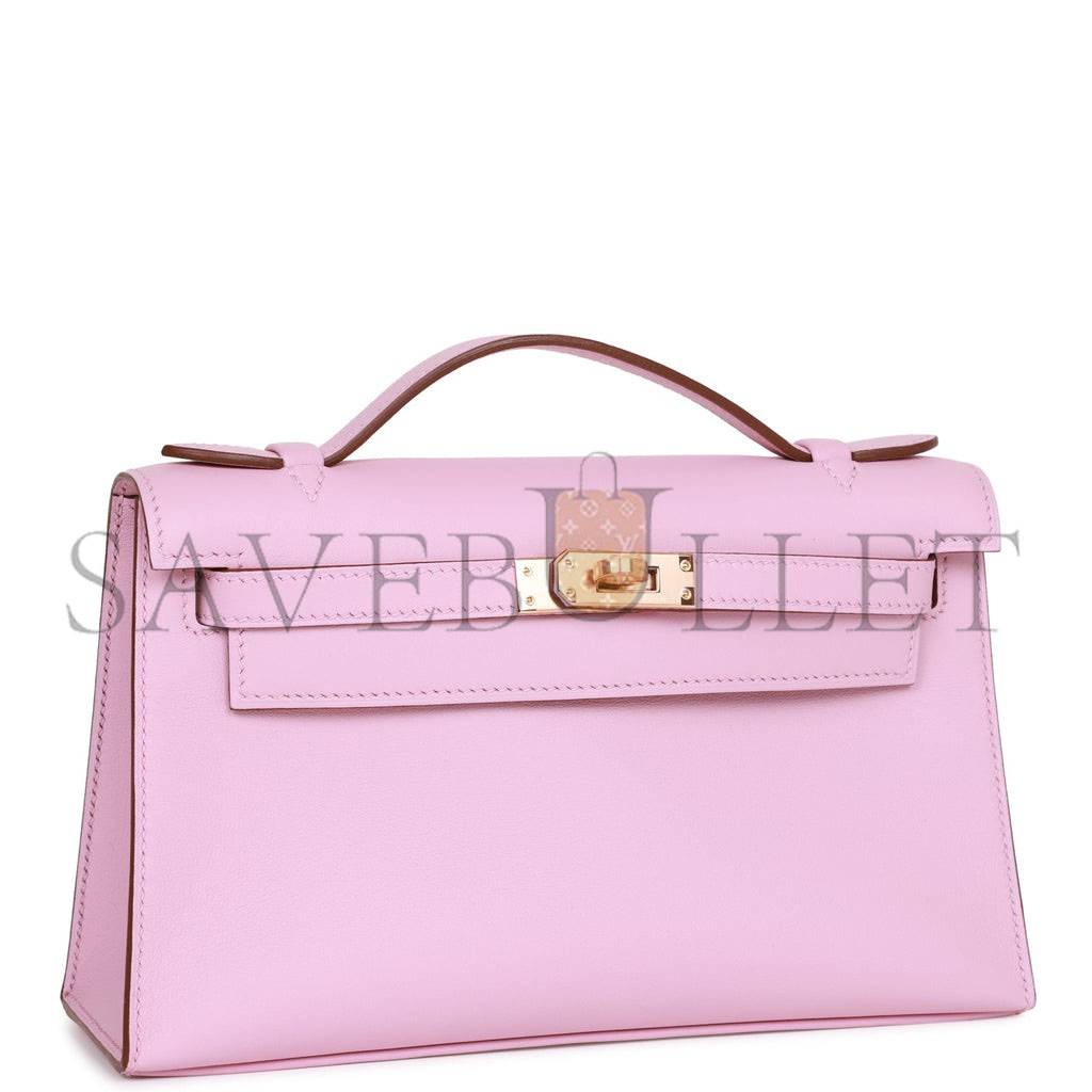 H**mes kelly pochette mauve sylvestre swift rose gold hardware (22*12*13cm)