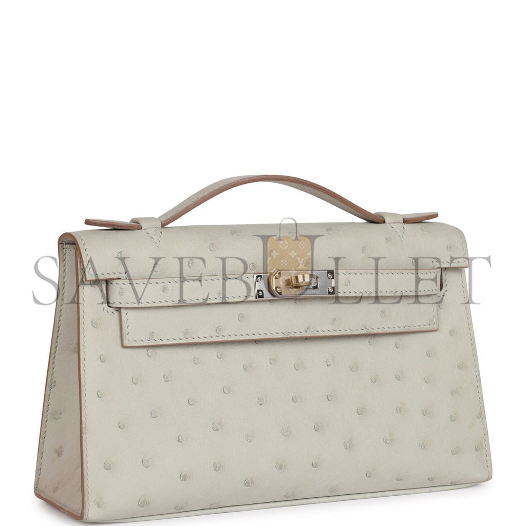 H**mes mini kelly pochette gris perle ostrich palladium hardware (22*14*7cm)