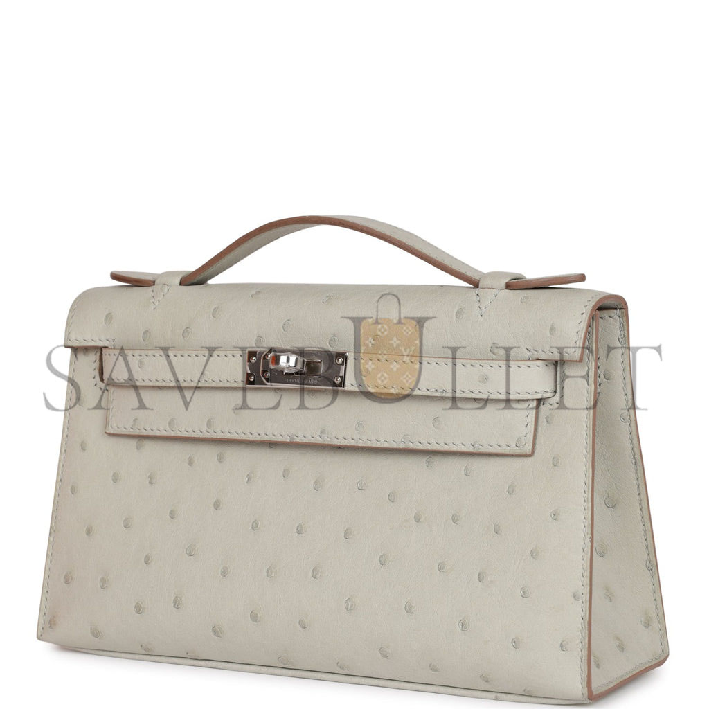 H**mes mini kelly pochette gris perle ostrich palladium hardware (22*14*7cm)