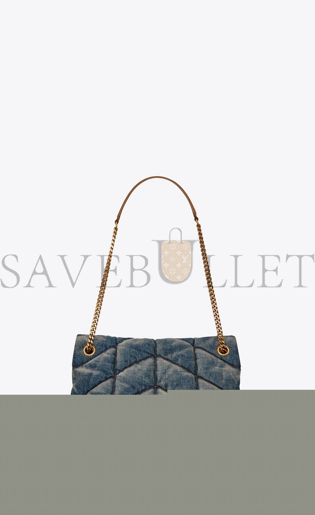 YSL PUFFER SMALL CHAIN BAG IN QUILTED VINTAGE DENIM AND SUEDE 5774762PT674575 (29*17*11cm)