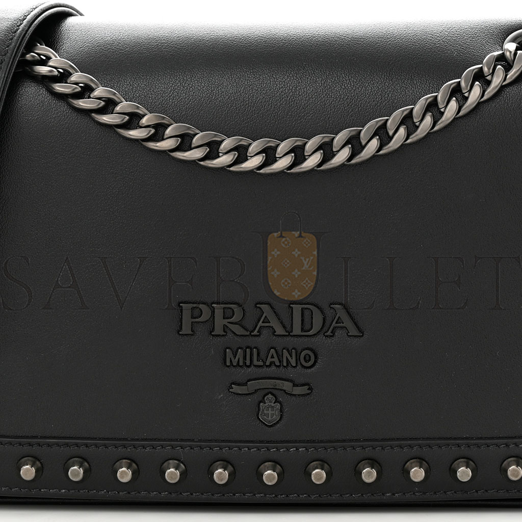 Pra*a glace calfskin studded crossbody black (22*15*6cm)