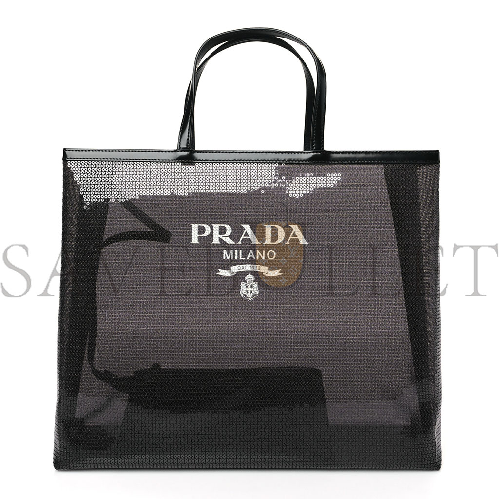 Pra*a mesh sequin spazzolato logo tote black (36*30*9cm)