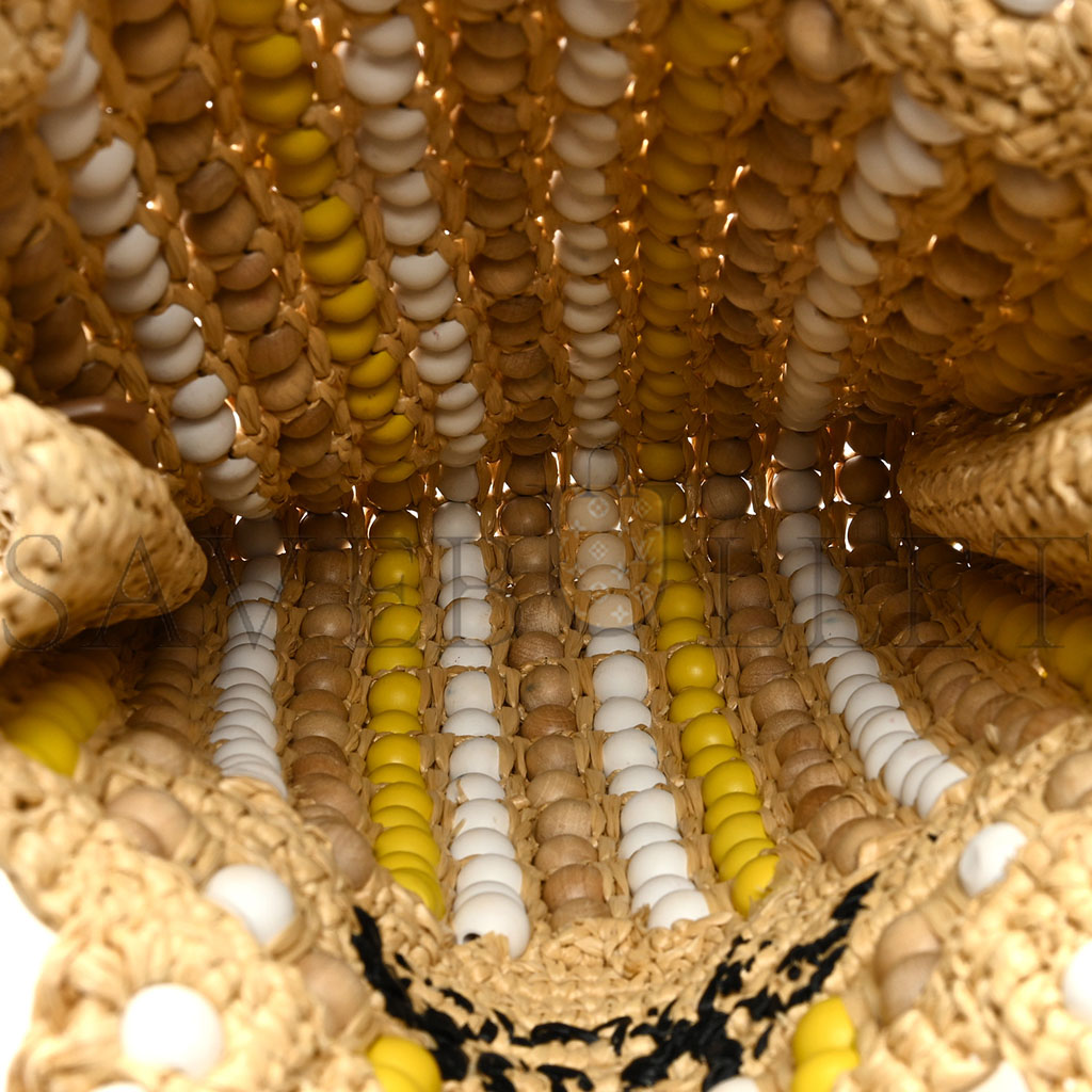 Pra*a raffia embroidered wood beaded logo tote bag tan (25*20*6cm)