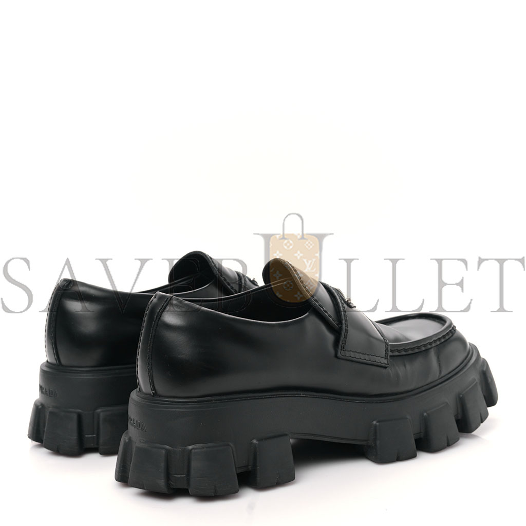 Pra*a spazzolato rois metal triangle logo mens monolith 55mm loafers 6 black