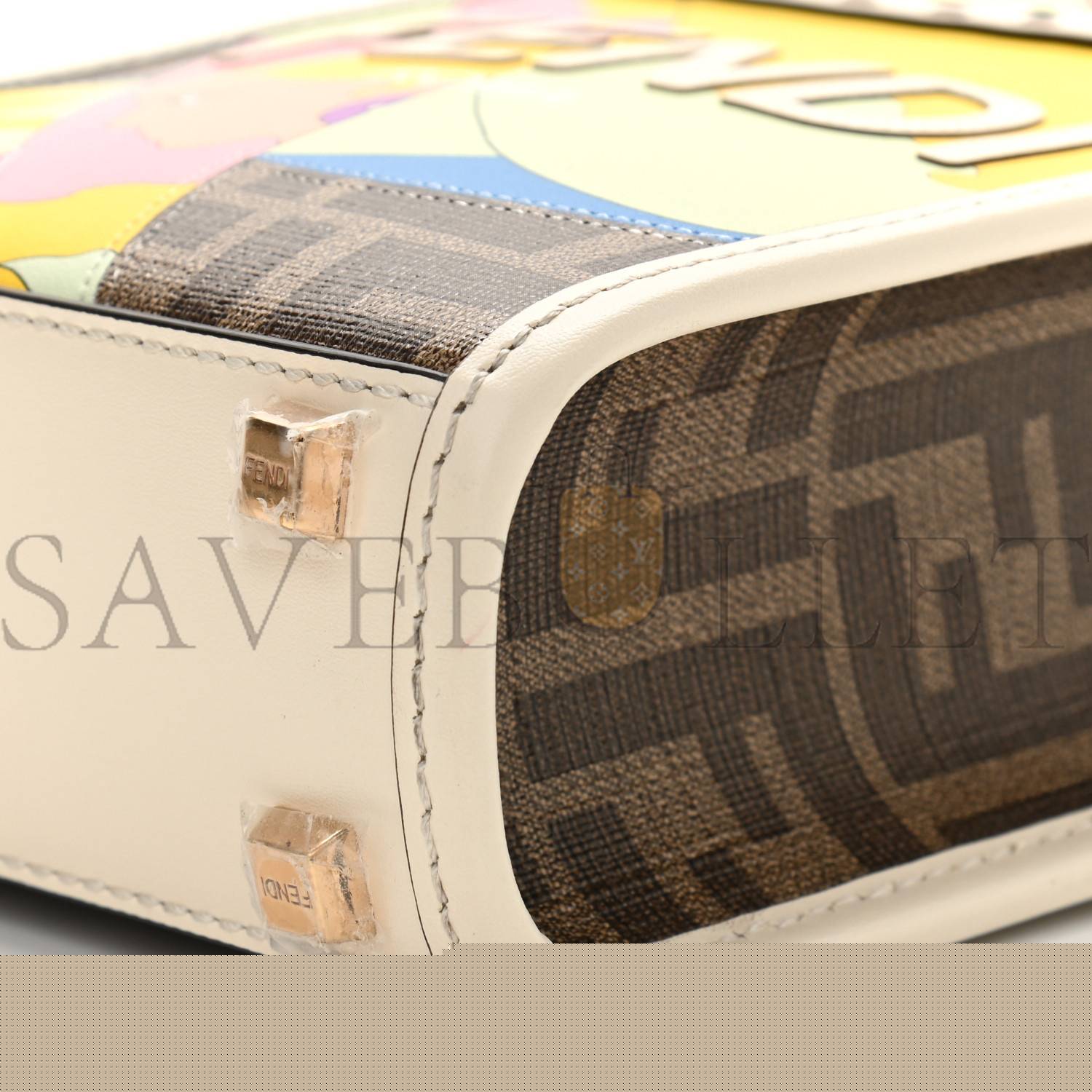 F**di glazed fabric vitello king plexiglass ff 1974 logo hairdo girls inlay mini F**di sunshine shopper tote mogano panna multicolor (17*13*5cm)