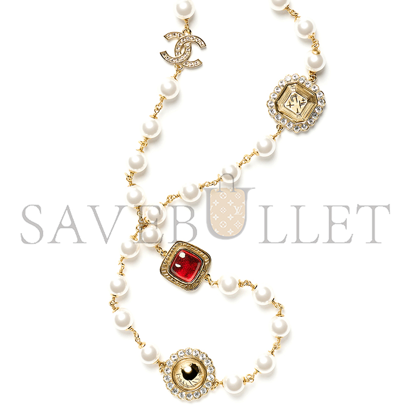 Ch**el long necklace metal, glass pearls & diamantÉs gold, red, pearly white & crystal abg681