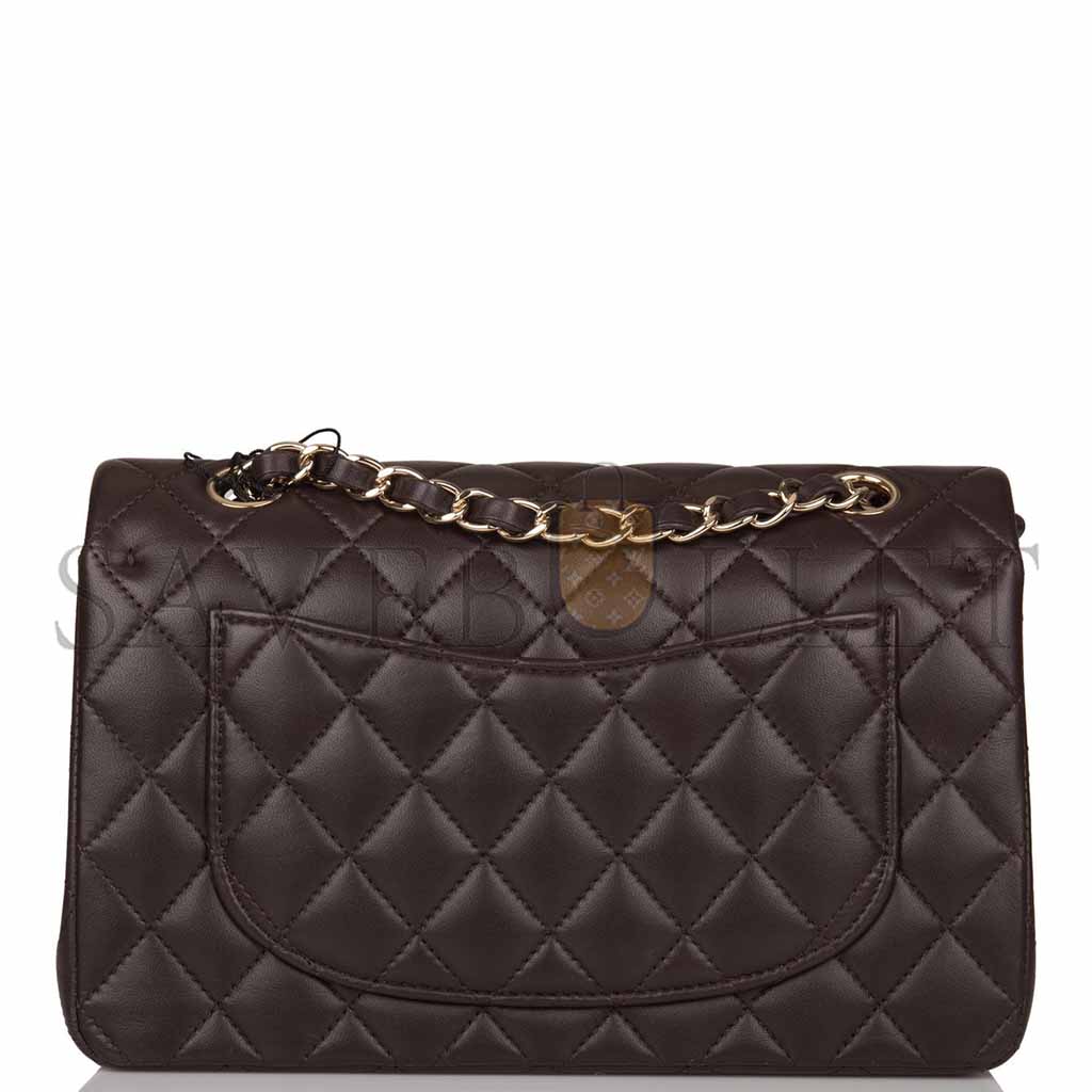 Ch*el classic double flap bag dark brown lambskin light gold hardware as1117 (23*14.5*6cm)