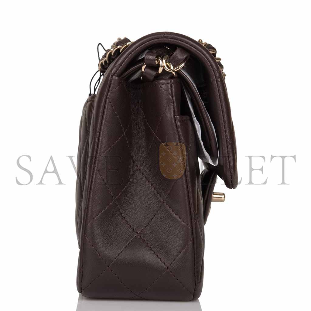 Ch*el classic double flap bag dark brown lambskin light gold hardware as1117 (23*14.5*6cm)