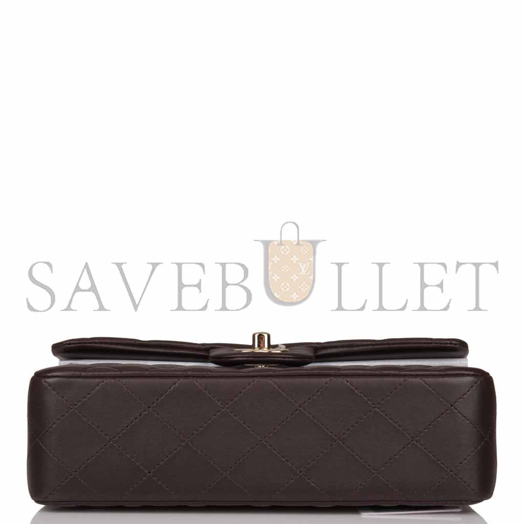 Ch*el classic double flap bag dark brown lambskin light gold hardware as1117 (23*14.5*6cm)