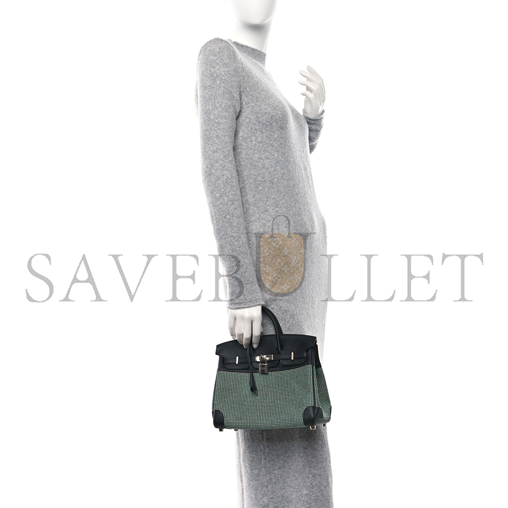 H**mes master birkin 25 black toile quadrille menthe bag 003785348 (25*18*13cm)