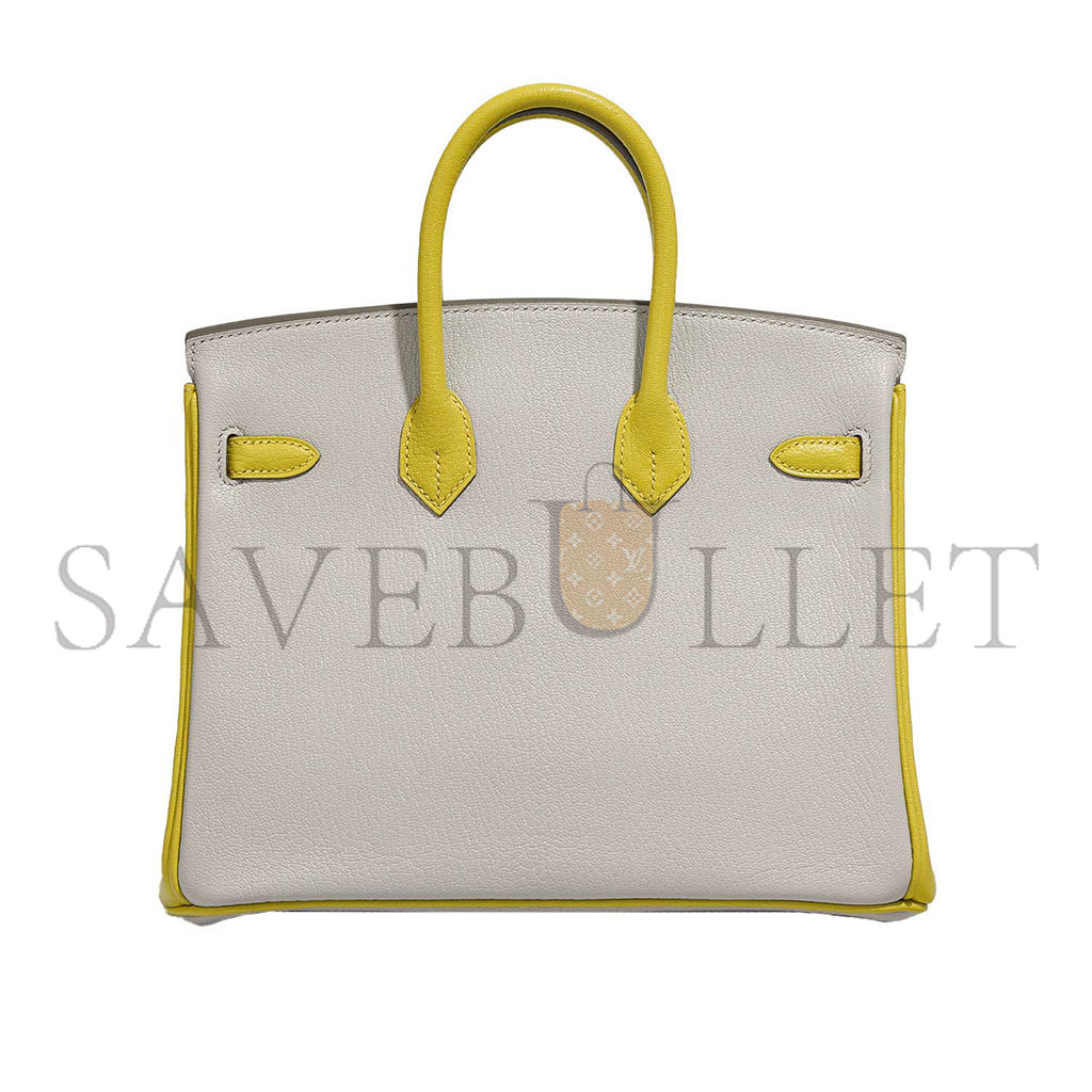 H**mes master birkin 25 swift leather pearl grey lemon yellow silver buckle bag 3237 (25*20*13cm)