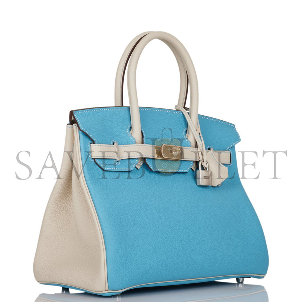 h**mes birkin 25 togo leather N0*Hern blue and milkshake white silver buckle handbag 2161400178398 (25*20*13cm)