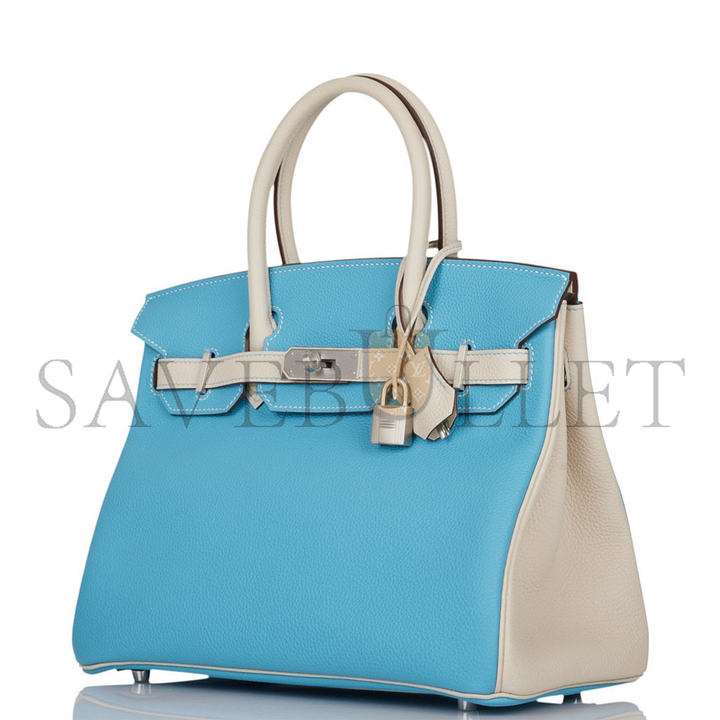 h**mes birkin 25 togo leather N0*Hern blue and milkshake white silver buckle handbag 2161400178398 (25*20*13cm)