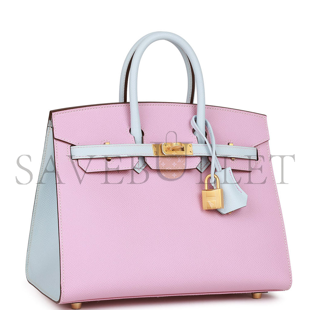 H**mes birkin 25 epsom leather 3q pink haze blue gold buckle 4328054179 (25*20*13cm)
