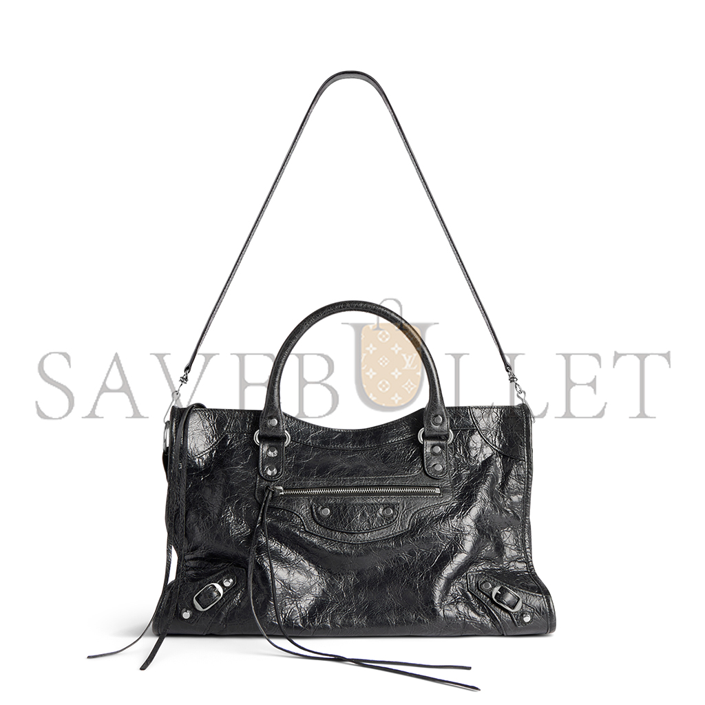 Ba*len*cia*ga le city medium bag in black arena lambskin, shiny silver hardware 7977862aa9s1000 (29.9*19.1*9.9cm)