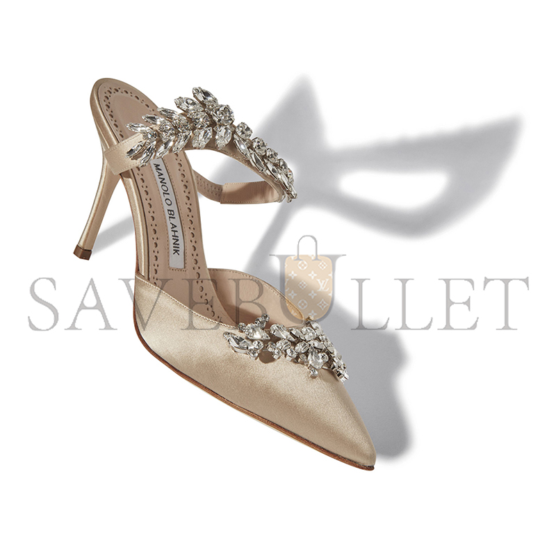 MANOLO BLAHNIK LURUMUS CHAMPAGNE SATIN CRYSTAL EMBELLISHED MULES 9XX-0362-0032