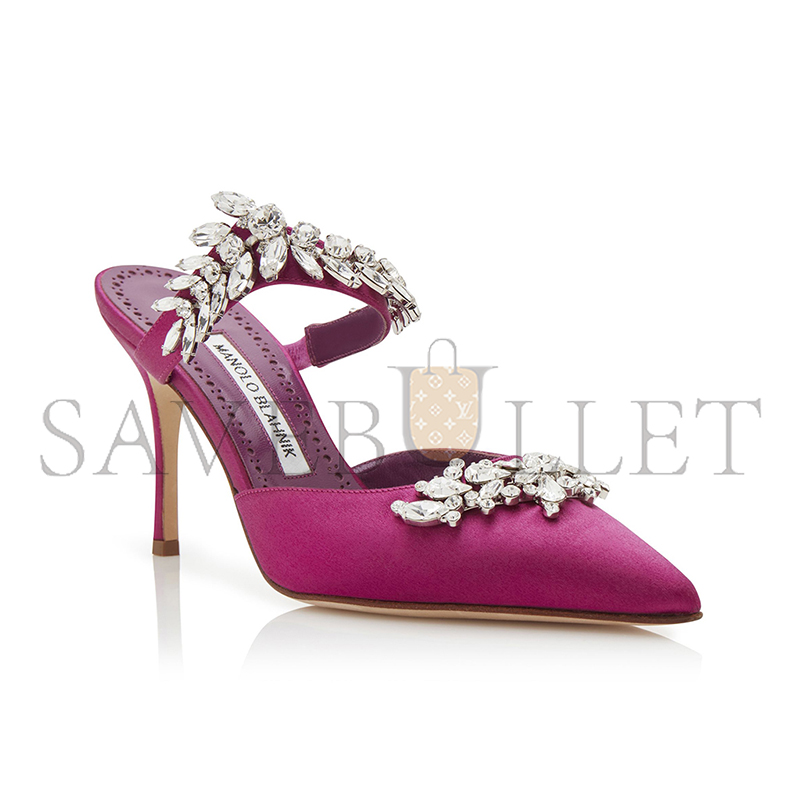 MANOLO BLAHNIK LURUMUS FUCHSIA SATIN CRYSTAL EMBELLISHED MULES 9XX-0362-0030