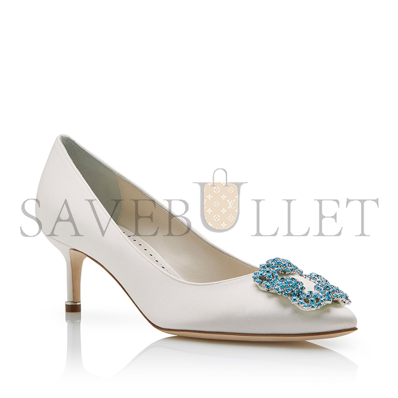 MANOLO BLAHNIK HANGISI BRIDE 50 WHITE SATIN JEWEL BUCKLE PUMPS 9XX-0001-0002