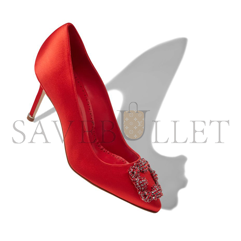 MANOLO BLAHNIK HANGISI RED 70 RED SATIN JEWEL BUCKLE PUMPS 422-1472-0001