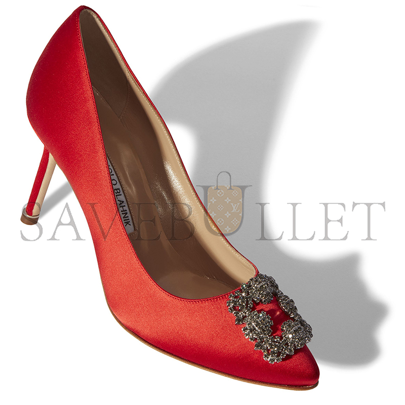 MANOLO BLAHNIK HANGISI 70 RED SATIN JEWEL BUCKLE PUMPS 9XX-0662-0033