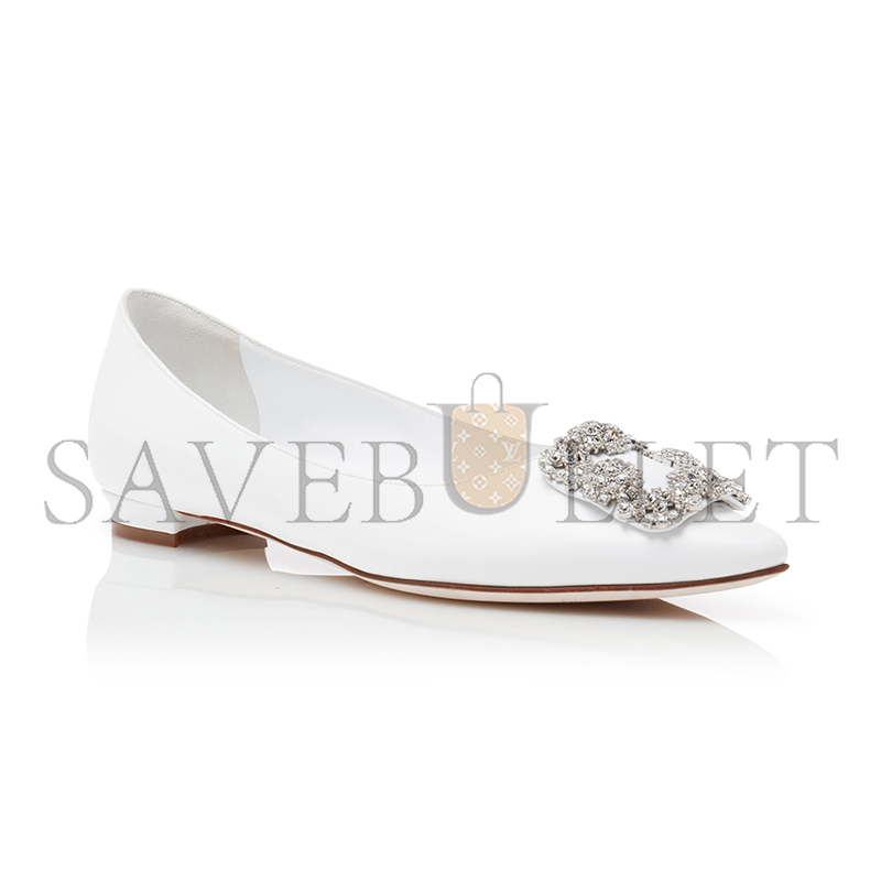 MANOLO BLAHNIK HANGISIFLATU WHITE CALF LEATHER JEWEL BUCKLE FLAT PUMPS 121-1438-0001