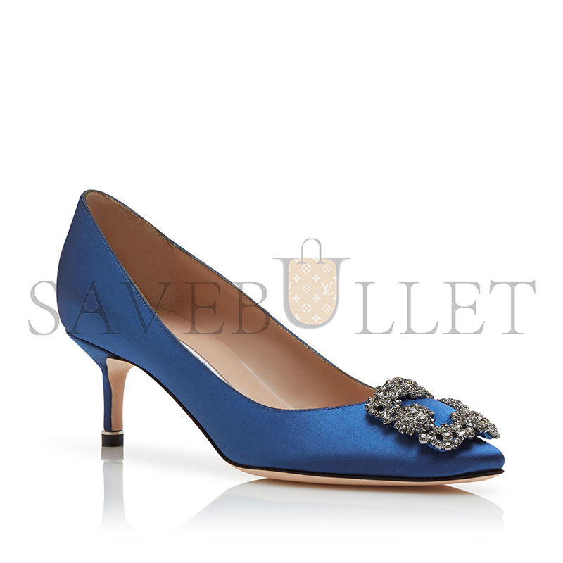 MANOLO BLAHNIK HANGISI 50 BLUE SATIN JEWEL BUCKLE PUMPS 9XX-0661-0046