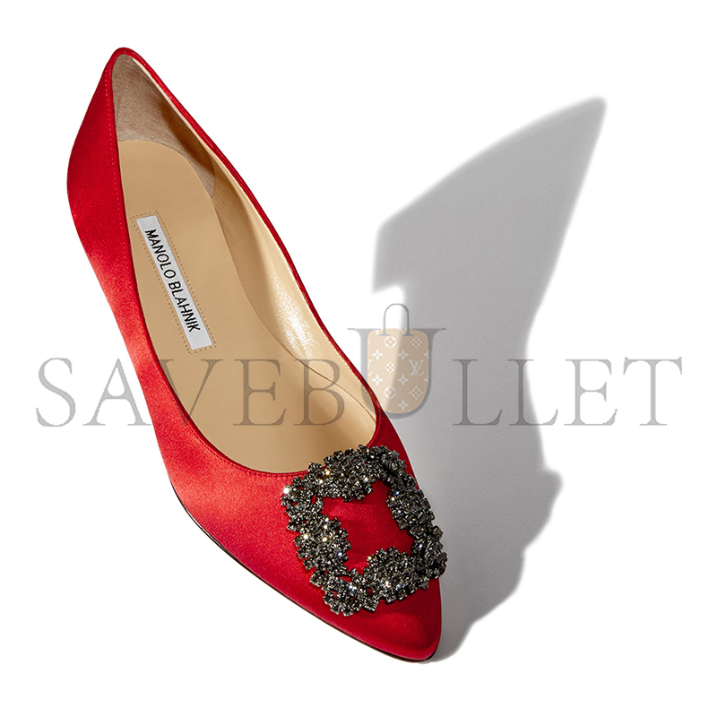 MANOLO BLAHNIK HANGISIFLAT RED SATIN JEWEL BUCKLE FLAT PUMPS 9XX-0348-0052
