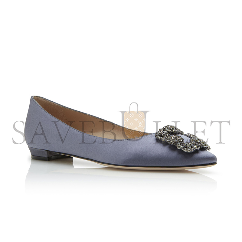 MANOLO BLAHNIK HANGISIFLAT GREY SATIN JEWEL BUCKLE FLAT PUMPS 9XX-0348-0034